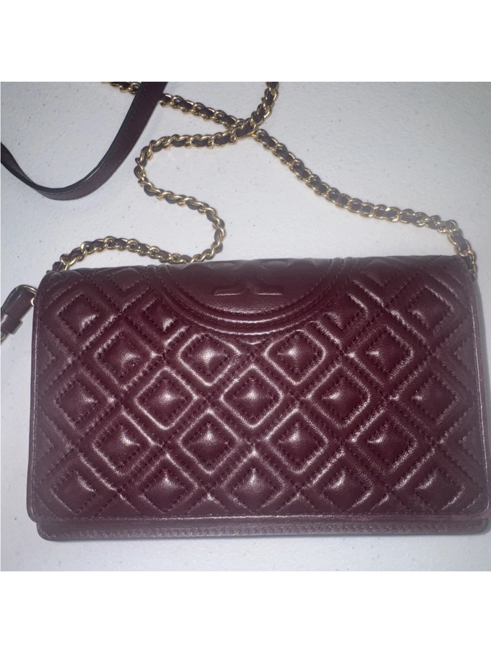 Tory Burch Quilted Crossbody Bag - Burgundy with Gold Chain